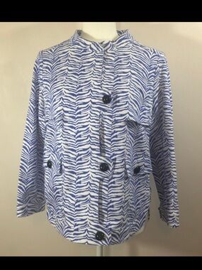 Carlisle Blue and White Zebra Print Asymmetrical Button Jacket Size US 18